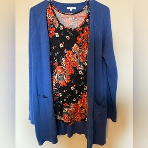 Maurices Royal Blue Cardigan and Floral Tank Top